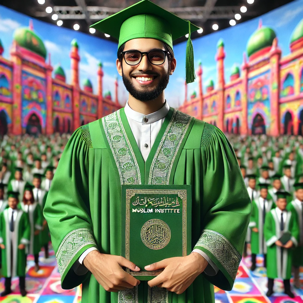 DALL·E 2024-10-19 09.40.40 - A full-body, high-definition, realistic photo of a Muslim man wearing a green graduation gown (toga) and a traditional Indonesian cap (peci), proudly