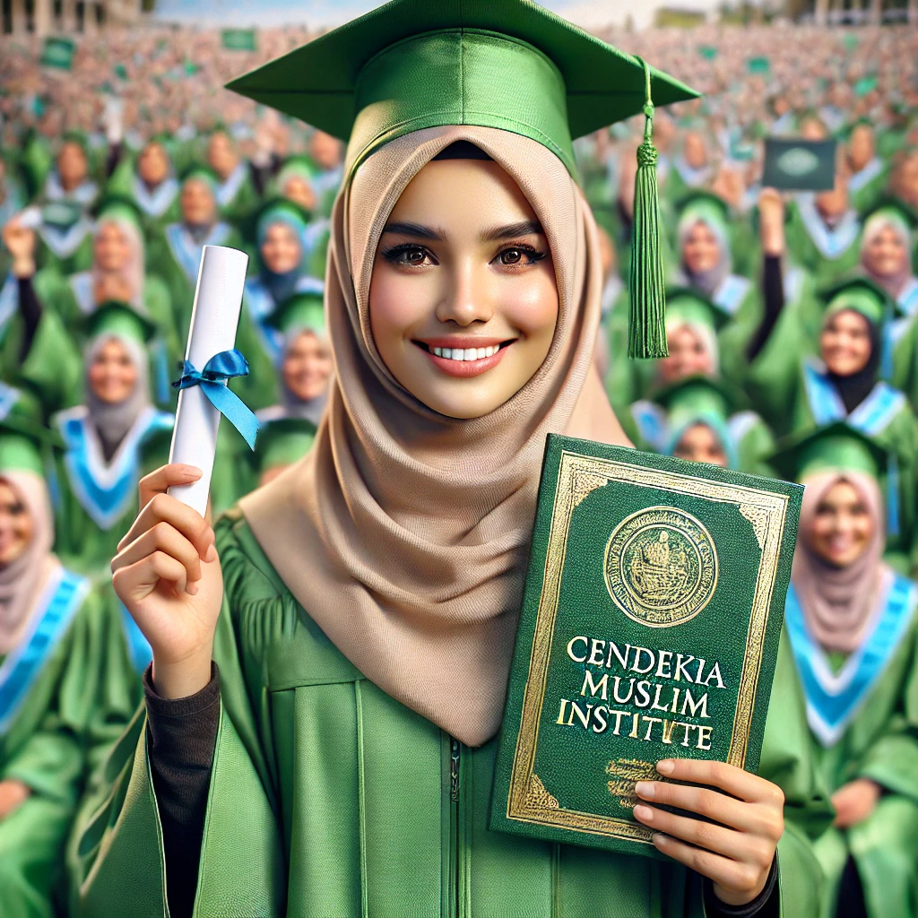 DALL·E 2024-10-19 09.42.43 - A high-definition, full-body realistic photo of a Muslim woman wearing a green graduation gown (toga) and a hijab, holding a diploma with the text 'Ce