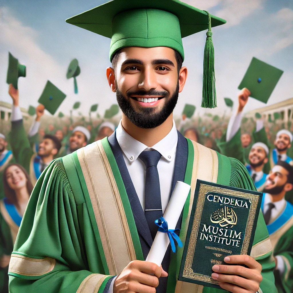 DALL·E 2024-10-19 09.43.48 - A high-definition, full-body realistic photo of a Muslim man wearing a green graduation gown (toga) and a traditional cap, similar in style to the one