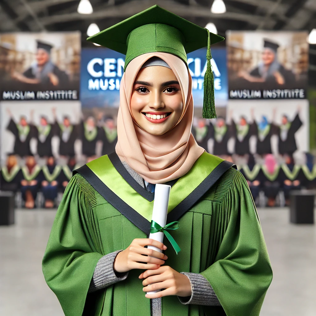 DALL·E 2024-10-19 09.50.40 - A high-definition, full-body realistic photo of a Muslim woman wearing a green graduation gown (toga), a hijab, and full graduation accessories. She i